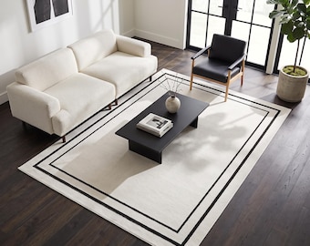 Tappeto in lana trapuntato a mano / Moderno minimalista bianco con doppio bordo nero