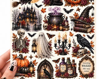 Może przedstawiać: Arkusz naklejek z motywami Halloween, w tym czarownicą na miotle, czarnymi kotami, dyniami, nawiedzonym domem, duchem, szkieletem, krukiem, miksturami i świecami. Tekst zawiera "Something WICKED this way comes" oraz "Witches Welcome."