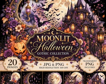 Może przedstawiać: Cyfrowa kolekcja grafik zatytułowana MOONLIT Halloween GOTHIC COLLECTION przedstawiająca nawiedzony dwór, półksiężyc, nietoperze, dynie i fioletowe kwiaty. Tekst zawiera 20 IMAGES, JPG & PNG, HIGH RESOLUTION 300 DPI, TRANSPARENT PNG INCLUDED.