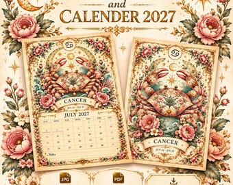 Może przedstawiać: Zestaw kart i kalendarza zodiakalnego na rok 2027 z ilustracjami raka, kwiatowymi obramowaniami i motywami niebieskimi. Tekst zawiera ZODIAC CARD and CALENDER 2027, CANCER JUN 21-JUL 22, JULY 2027 oraz Digital Download z ikonami JPG i PDF.