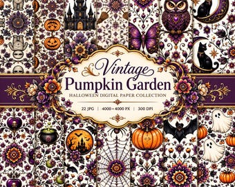 Może przedstawiać: Cyfrowa kolekcja papierów pod tytułem Vintage Pumpkin Garden zawierająca wzory na Halloween z mumiami, dyniami, nawiedzonymi zamkami, sowami, czarnymi kotami, duchami, nietoperzami i pajęczynami w fioletowe, pomarańczowe i czarne motywy kwiatowe.