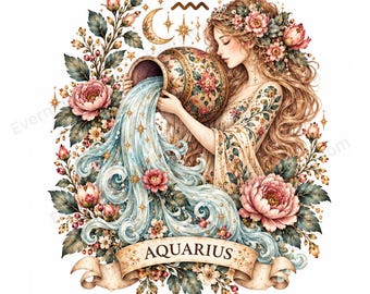 Może przedstawiać: Ilustracja znaku zodiaku Wodnik przedstawiająca osobę z długimi włosami ozdobionymi kwiatami, wylewającą wodę z wzorzystego dzbana. Projekt zawiera różowe piwonie, zielone liście, półksiężyc, gwiazdy oraz wstęgę z napisem AQUARIUS.