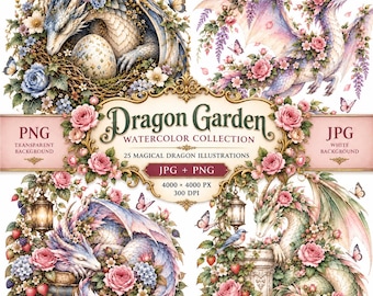 Może przedstawiać: Cyfrowa kolekcja 25 akwarelowych ilustracji smoków pod tytułem Dragon Garden. Zestaw zawiera smoki ozdobione różowymi różami, motylami i truskawkami, w formatach PNG i JPG o wymiarach 4000 na 4000 pikseli i rozdzielczości 300 DPI.