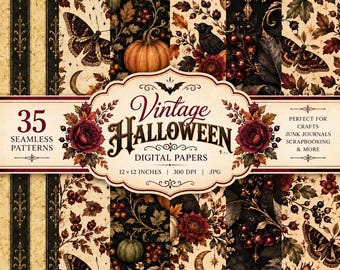 Może przedstawiać: Kolekcja 35 bezszwowych papierów cyfrowych z wzorami w stylu vintage na Halloween, przedstawiającymi dynie, ćmy, jagody, kwiaty i księżyce w kolorach ciemnoczerwonym, pomarańczowym, czarnym i kremowym. Centralna etykieta zawiera napis Vintage Halloween Digital Papers.