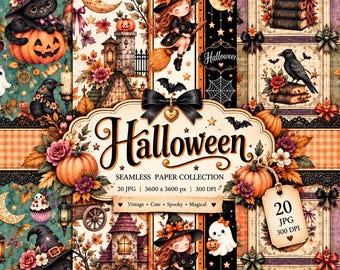 Może przedstawiać: Kolekcja papieru cyfrowego z motywami Halloween, w tym czarne koty w kapeluszach czarownic, dynie, duchy, kruki i księgi zaklęć. Centralna etykieta głosi Halloween Seamless Paper Collection 20 JPG 3600 x 3600 px 300 DPI.