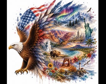 Może przedstawiać: Ilustracja w stylu akwareli przedstawiająca bielika amerykańskiego, którego skrzydła przechodzą we flagę USA. Kompozycja zawiera montaż zabytków, takich jak Statua Wolności, Wielki Kanion, latarnia morska oraz żubr w krajobrazie.