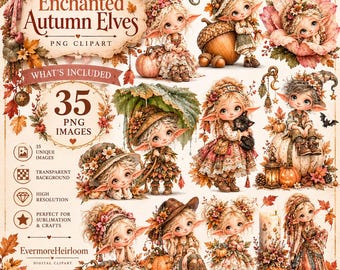 Może przedstawiać: Cyfrowa kolekcja 35 obrazów PNG zatytułowana Enchanted Autumn Elves, zawierająca ilustracje elfów ze spiczastymi uszami, kwiatowymi dodatkami, jesiennymi liśćmi, dyniami, czarnym kotem i lampionami.