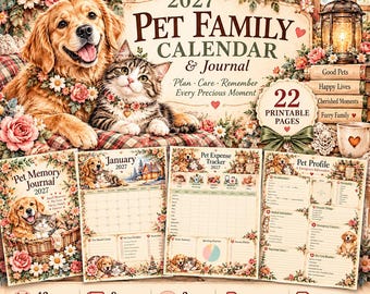 Może przedstawiać: Zestaw kalendarza i dziennika dla zwierząt na rok 2027 z ilustracją golden retrievera i kota. Zawiera 22 strony do druku, 21,6 x 27,9 cm, z dziennikiem wspomnień, śledzeniem wydatków i arkuszami profilu zwierzęcia z motywami kwiatowymi.