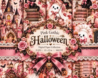 Może przedstawiać: Kolekcja papieru cyfrowego zatytułowana Pink Gothic Halloween z różowymi różami, czarnymi kotami, duchami, dyniami i zamkami. Centralna ozdobna ramka zawiera tekst Pink Gothic Halloween Digital Paper Collection 25 JPG 30,48 x 30,48 cm 300 DPI.