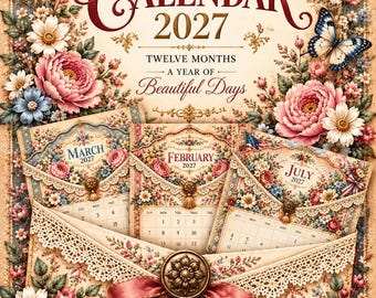 Może przedstawiać: Kalendarz na 2027 rok zatytułowany Twelve Months A Year of Beautiful Days, ozdobiony kwiatowymi obramowaniami w kolorze różowym i niebieskim, motylem oraz trzema kopertowymi kieszeniami na marzec, luty i lipiec 2027 z koronką i chwostem.