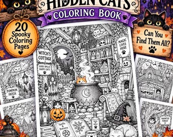 Może przedstawiać: Kolorowanka Halloween Hidden Cats zawierająca 20 upiornych stron. Okładka przedstawia centralną czarno-białą ilustrację chaty czarownicy z kociołkiem, kotami i miksturami, otoczoną mniejszymi przykładami stron do kolorowania oraz tekstem.
