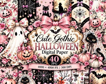 Może przedstawiać: Kolekcja papieru cyfrowego z motywami Halloween, w tym czarnymi kotami, duchami, dyniami, pajęczynami i różowymi różami. Centralny tekst brzmi Cute Gothic HALLOWEEN Digital Paper 40 JPG 4000 x 4000 PX | 300 DPI.