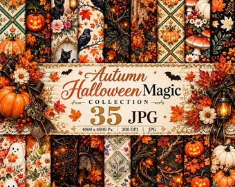 Może przedstawiać: Cyfrowa kolekcja 35 plików JPG pod tytułem Autumn Halloween Magic, przedstawiająca pionowe panele z dyniami, czarnymi kotami, krukami, duchami, jesiennymi liśćmi, grzybami i pajęczynami w ciepłej palecie barw pomarańczu, brązu i czerni.