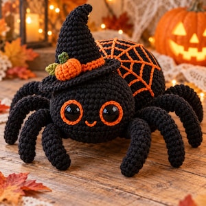 May include: A black crocheted spider toy featuring large orange-rimmed eyes, a small orange pumpkin accent on its black witch hat, and an orange spiderweb pattern on its back. The spider has eight legs and a small stitched smile on its face.