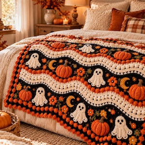 May include: A crochet blanket featuring a repeating pattern of orange pumpkins, white ghosts, yellow crescent moons, and small flowers. The design incorporates wavy cream-colored bands and a black background with a scalloped orange border edge.