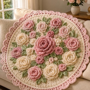 Può includere: Un centrino rotondo all'uncinetto con una base color crema decorata con rose tridimensionali rosa e crema e foglie verdi. Il pezzo circolare è rifinito con un bordo smerlato rosa, che mette in risalto l'intricata lavorazione del filato.