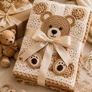 Op de afbeelding: Een gevouwen gehaakte deken met een vierkant patroon in crème en beige, versierd met een gehaakt teddybeergezicht en pootapplicaties in het midden. De deken is vastgebonden met een breed, glad crèmekleurig satijnen lint in een strik.