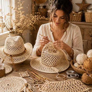 Puede incluir: Un sombrero de ganchillo beige con un patrón calado se encuentra sobre una superficie de madera junto a un sombrero de ganchillo a medio terminar, varios ganchillos, tijeras, una cinta métrica y ovillos de lana en tonos crema y bronce.