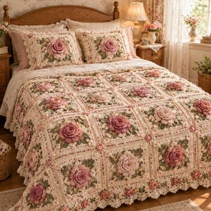 Puede incluir: Una colcha de ganchillo color crema y dos fundas de almohada a juego con un patrón de cuadrados repetidos. Cada cuadrado está adornado con un motivo de rosa rosa tridimensional de varias capas, rodeado de hojas de ganchillo verdes y bordes de encaje.