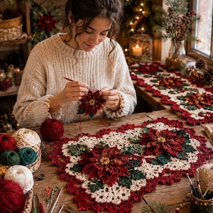May include: A crocheted table runner and matching motif featuring deep red poinsettia flowers with green leaves and cream-colored lace borders. The set is crafted from yarn, with additional balls of red, green, and cream yarn and metal crochet hooks.