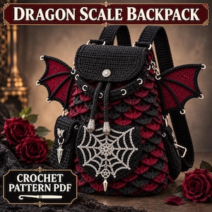 May include: A black and dark red crochet backpack featuring a dragon scale texture, two side wings, and a silver spiderweb charm on the front pocket. The text DRAGON SCALE BACKPACK and CROCHET PATTERN PDF are visible at the top and bottom.