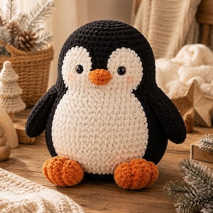 Könnte beinhalten: Ein rundes, gehäkeltes Pinguin-Stofftier mit schwarzem Kopf und Rücken, weißem Bauch, kleinem orangefarbenem Schnabel und zwei orangefarbenen Füßen. Der Pinguin hat zwei schwarze, glänzende, runde Augen und zarte rosa Wangen auf dem weißen Gesicht.