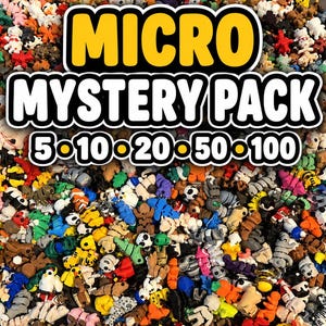 May include: A large collection of miniature animal figurines in various colors and shapes. The text MICRO MYSTERY PACK 5 10 20 50 100 is displayed in bold white and yellow letters over the center of the pile of small plastic toys.