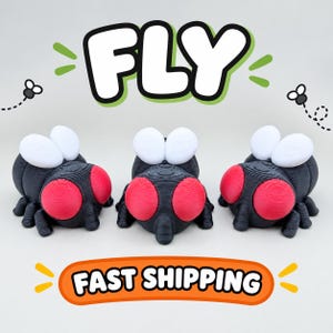 May include: Three black 3D-printed fly figurines with large red eyes and white wings. The word FLY is printed in large white letters with a green outline at the top, and the text FAST SHIPPING is inside an orange oval at the bottom.