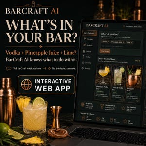 May include: A laptop displaying the BarCraft AI web app interface with a dashboard showing cocktail recommendations. Beside the laptop are a copper cocktail shaker, a jigger, a strainer, and a glass of pineapple lime drink with fruit garnishes.