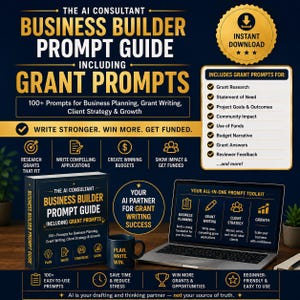 May include: A digital product guide titled The AI Consultant Business Builder Prompt Guide Including Grant Prompts, featuring a laptop, a mug with the text Plan. Write. Win., and a list of grant research, statement of need, and budget narrative topics.