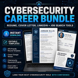 May include: A digital cybersecurity career bundle featuring a laptop displaying a resume and cover letter, alongside a LinkedIn profile page and a job search checklist. The graphic includes text such as CYBERSECURITY CAREER BUNDLE, INSTANT DOWNLOAD, and EDITABLE TEMPLATES.