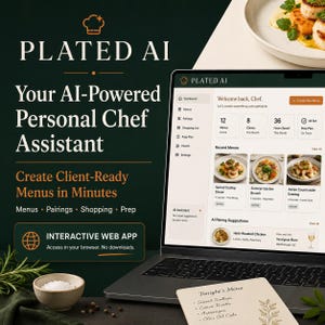 Plated AI Personlig App | Kockens Menyplanerare | AI Menygenerator och webbapp för matparning | Verktyg för matförberedelser och inköpslistor