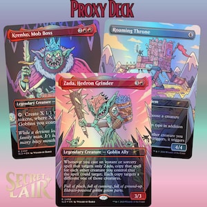 May include: A collection of three Magic: The Gathering proxy cards titled Goblin Storm EDH Proxy Deck. The cards feature colorful, stylized illustrations of Krenko, Mob Boss, Roaming Throne, and Zada, Hedron Grinder with text and game statistics.