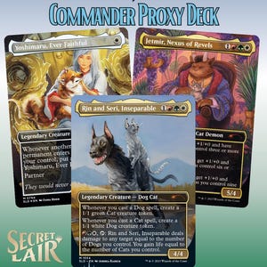 May include: A collection of three Magic: The Gathering trading cards titled Raining Cats and Dogs, featuring Rin and Seri, Inseparable, Yoshimaru, Ever Faithful, and Jetmir, Nexus of Revels, with detailed fantasy illustrations and game text.
