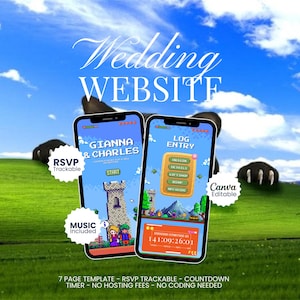 Peut inclure: Deux smartphones affichant un modèle de site web de mariage au style pixel-art avec le texte GIANNA & CHARLES et LOG ENTRY. Les écrans présentent un château, des personnages et un compte à rebours. Le fond est une colline verte sous un ciel bleu.