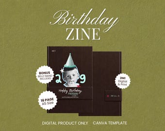 Op de afbeelding: Een donkerbruin verjaardags-zine sjabloon met een zwart-witfoto van een kind met een feesthoedje, de tekst 2019 en de woorden Happy Birthday, A LITTLE ONE, JUST FOR YOU. Inclusief een bonus buikband en een 16-pagina tellende A5-indeling.