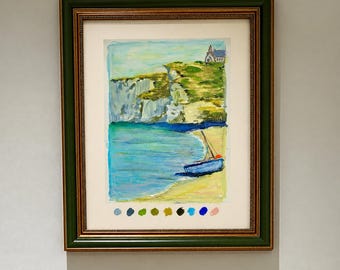 Original Coastal Oil Pastel Painting, Seaside Cliff & Sailboat Art, Hand Painted Beach Landscape, Nautical Wall Decor