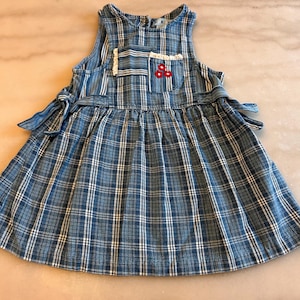 May include: A sleeveless blue plaid dress featuring a chest pocket with white lace trim and three small red embroidered flowers. The dress has a round neckline, a gathered waist, and side ties that fasten at the waist for a fitted look.