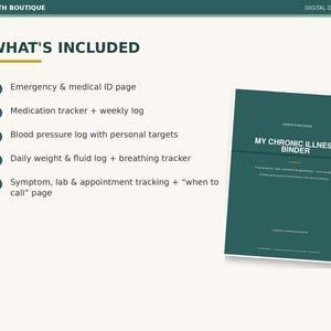 May include: A digital download titled My Chronic Illness Binder with a dark green cover. The list of included pages features an emergency and medical ID page, medication tracker, blood pressure log, daily weight and fluid log, and symptom tracker.