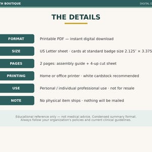 May include: A digital download information sheet titled THE DETAILS with dark green labels for FORMAT, SIZE, PAGES, PRINTING, USE, and NOTE. It specifies a printable PDF, US Letter size, 2.125 by 3.375 inch badge cards, and assembly instructions.