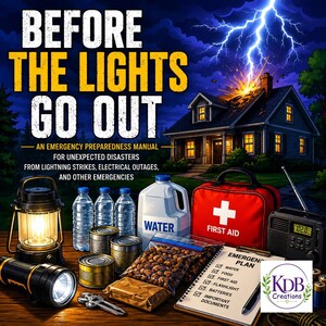 May include: An emergency preparedness manual titled BEFORE THE LIGHTS GO OUT featuring a house struck by lightning. Items include a lantern, flashlight, water bottles, canned food, a first aid kit, a radio, and an emergency plan checklist.