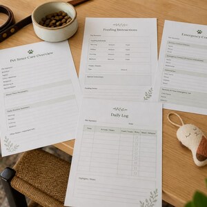 May include: Four white paper sheets with black text titled Pet Sitter Care Overview, Feeding Instructions, Emergency Contacts, and Daily Log. The forms feature paw print icons and botanical illustrations, arranged with a brown leather leash and toy.
