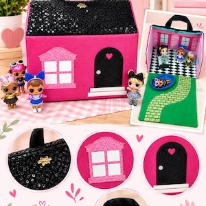 May include: A pink fabric house-shaped carrying case with a black sequined roof, a black handle, and a black door with a heart cutout. The case opens to reveal a black and white checkered floor, a green rug, and several small collectible dolls.
