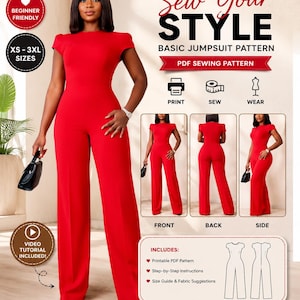 May include: A digital PDF sewing pattern for a red jumpsuit titled Sew Your Style. The image displays the finished red jumpsuit, icons for print, sew, and wear, and three views showing the front, back, and side. Includes a technical line drawing.