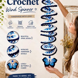 May include: A spiral crochet wind spinner featuring alternating layers of navy blue, light blue, and white yarn. The hanging decoration terminates in a blue and black butterfly-shaped crochet charm with a white bead accent at the top.