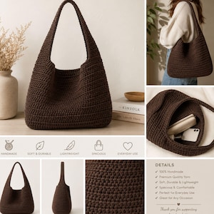 May include: A dark brown crochet hobo bag with a single shoulder strap and a textured stitch pattern. The bag is shown from multiple angles, including a view of the open interior containing a wallet and a smartphone, and a close-up of the yarn texture.