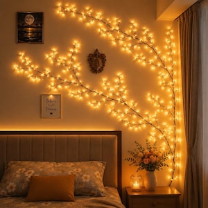 May include: A decorative branch-shaped string light with numerous small, warm-toned LED bulbs attached to dark, flexible stems. The light fixture is mounted on a wall, extending across the space above a bed, emitting a soft, golden glow.