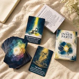 May include: The Inner Parts Deck reflection cards featuring a box, a stack of cards with a watercolour flower design, and two individual cards titled The Abandoned Child and The Critic, each displaying descriptive text and illustrative artwork.