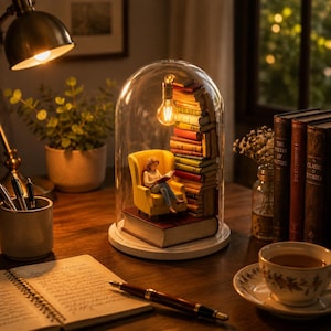 Puede incluir: Una cúpula de cristal decorativa que contiene una escena en miniatura de una persona sentada en un sillón amarillo leyendo un libro, colocada sobre una pila de libros con una bombilla integrada, sobre una base circular blanca en un escritorio.