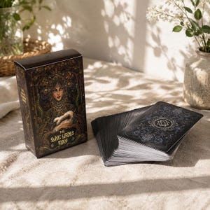 Può includere: Un mazzo di tarocchi intitolato The Slavic Legends Tarot, composto da una scatola con l'illustrazione di una persona con un copricapo ornato che tiene un uccello, e un mazzo di carte con un motivo floreale scuro e un emblema centrale.